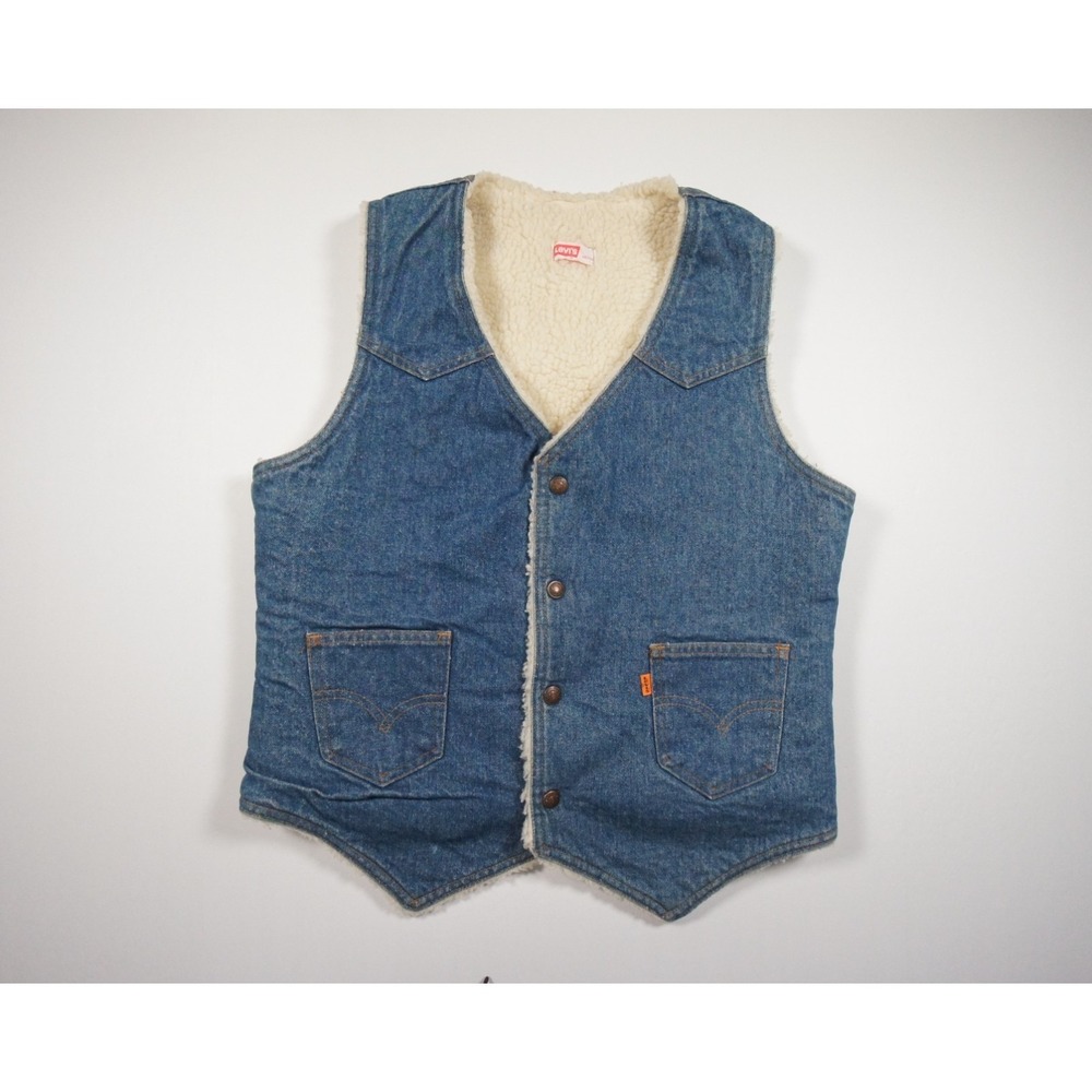 Vintage Levis Jacket Mens Medium Blue Vest Western Snap Sherpa Lined Orange Tab